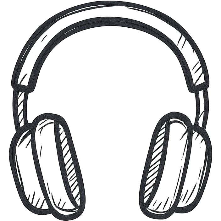 Studio headphones, black outlined, white fill, hand drawn style emoji