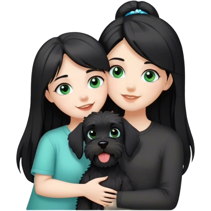 pale girl with light green blue eyes and long black hair wearing black shirt kissing schnauzer holding smiling black schnauzer  emoji