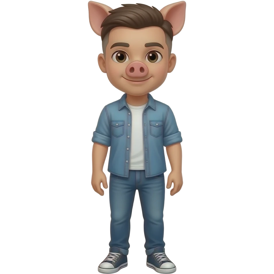 25 year old male pig stand straight with fade haircut wear shirt and jeans sneakers emoji