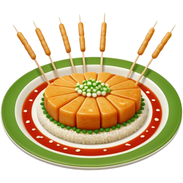 tteokbokki with finger-thick and two-joint-long rice cakes, similar length triangular fish cakes, wooden toothpick skewer, green round plate with small white dots, finely chopped green onion topping in the center on top of tteokbokki emoji