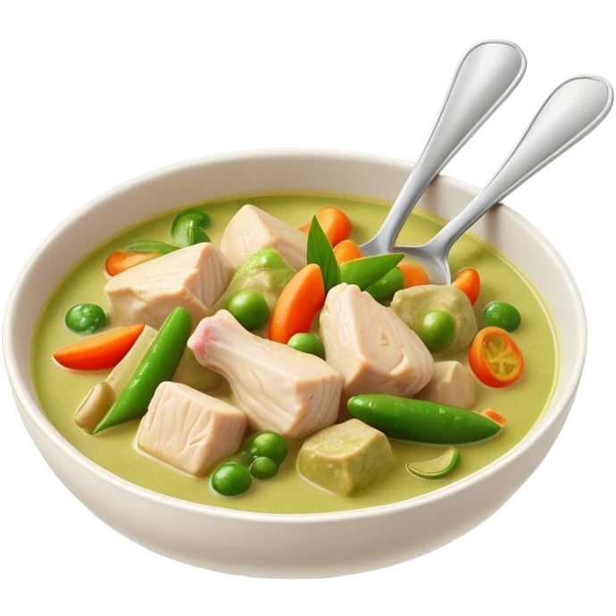Green Chicken Curry Cinematic Realistic Green Chicken Curry Dish Emoji, depicted as tender chicken chunks simmered in a fragrant green curry sauce with vegetables, rendered with vivid textures and dynamic, vibrant lighting. emoji