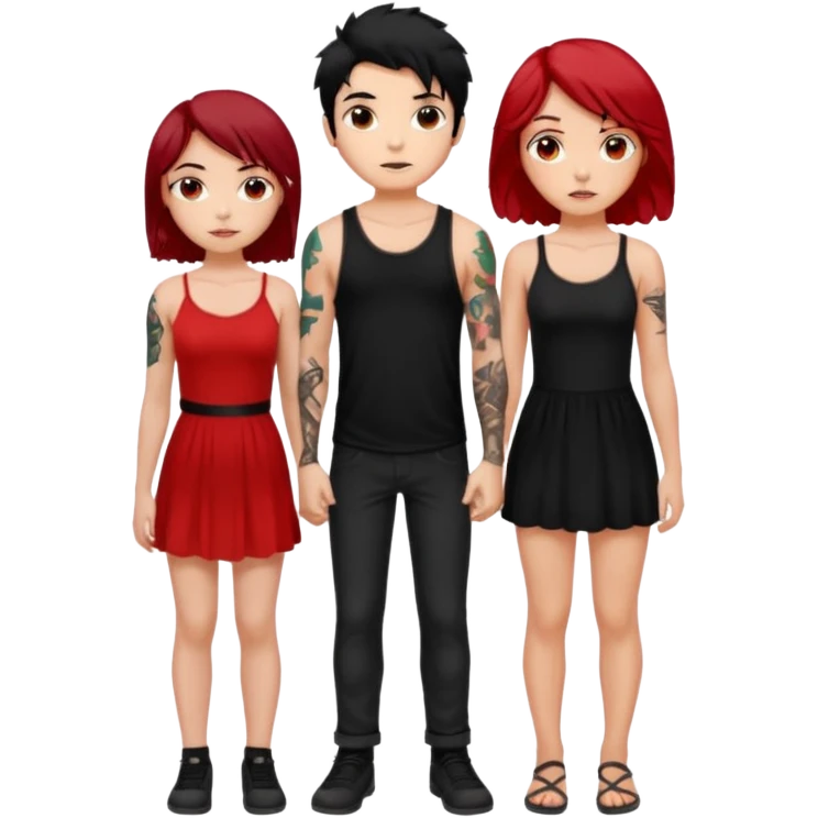 generate a fair boy with messy black hair, tattoos. standing beside a fair black haired girl wearing a black cami top and a tan girl with red hair emoji