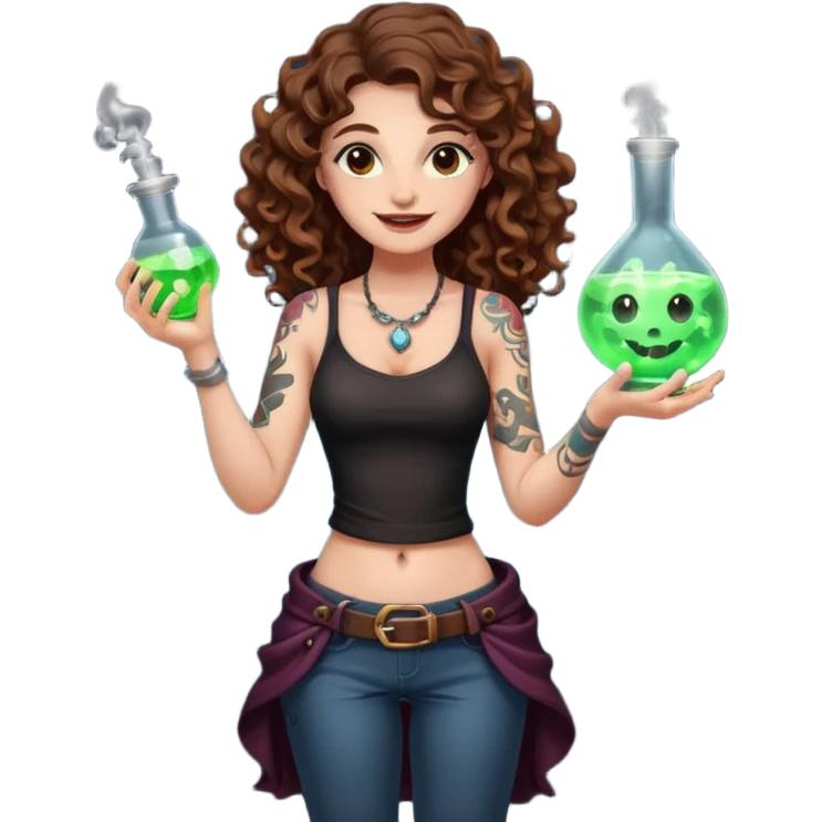 full body view of a woman with long curly brown hair, brown eyes, white skin, tattoos, holding a glowing potion flask at hip level, playful dangerous smile emoji
