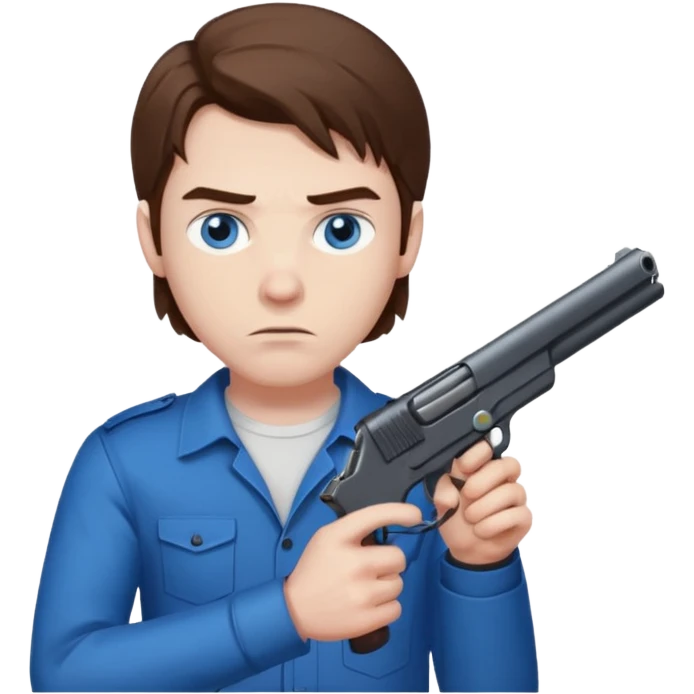 guy w medium long brown hair and blue eyes shooting himself emoji