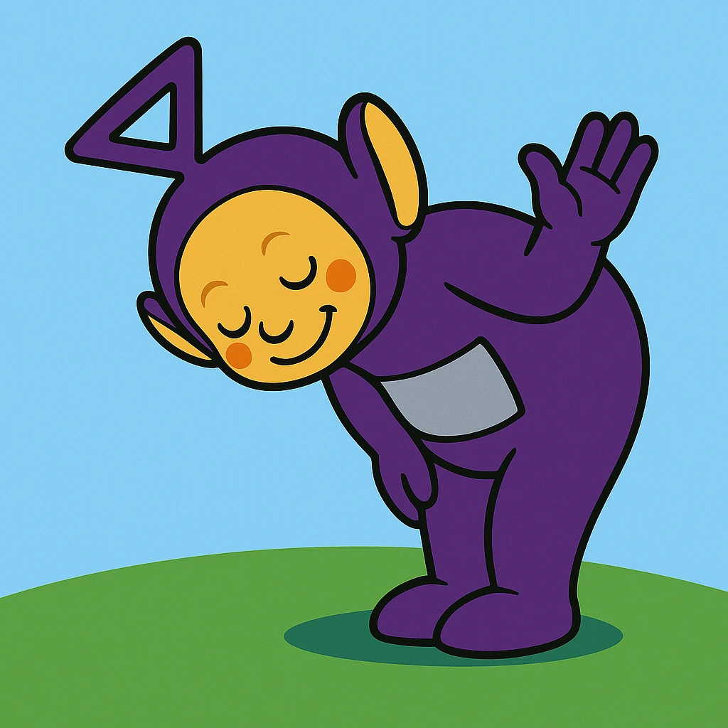 Tinky Winky from Teletubbies bowing politely at a 90-degree angle and waving, vibrant cartoon style, simple background emoji