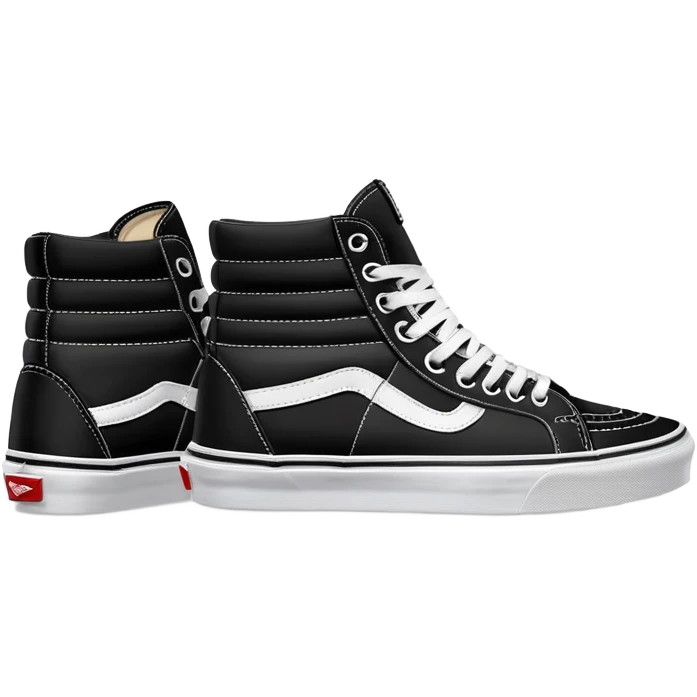 A pair of black Vans Sk8-Hi sneakers arranged with one shoe positioned behind the other, high-top skate shoes with white side stripe and waffle soles emoji