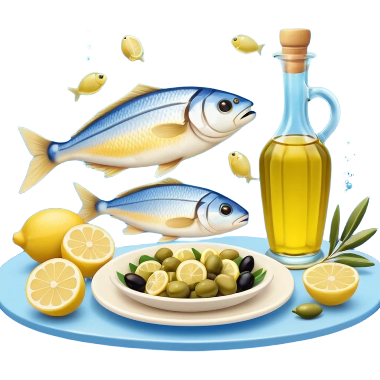 Mediterranean cuisine humanless avatar in clean emoji-style illustration. Olive oil, fish, lemon, blue and sunny colors, light and fresh mood, flat design, high contrast. emoji