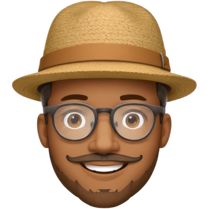Brown man smiling with hat, clear glasses and goatee emoji