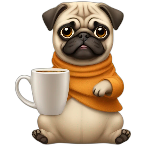 Pug in an important costume with a mug of coffee emoji