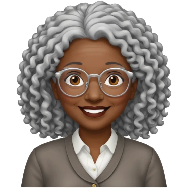 smiling dark older black woman wearing glasses with lots of long curly silver hair a emoji