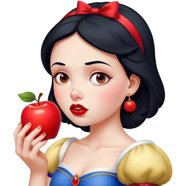 Cinematic Funny Snow White Portrait Emoji, Holding an apple with a suspicious expression, one eyebrow raised, lips pursed as if questioning her life choices, a hilariously relatable fairy tale moment! emoji