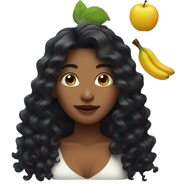 woman with long black curly hair holding fruits emoji