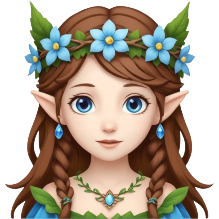 Hyper realistic flower elf mage fairy queen pale skin brown hair and blue-eyes emoji