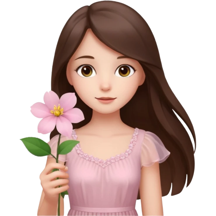 white brunette girl long hair with hazel eyes in light pink dress holding a flower emoji