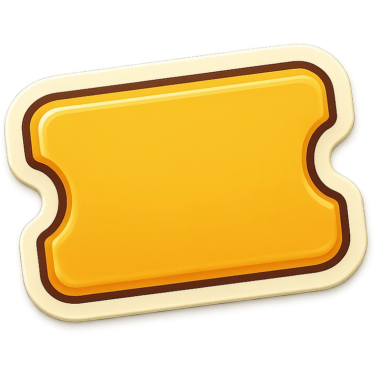 Create a simple train ticket emoji inspired by the reference image. Keep the yellow color, rounded corners, and minimal black details. Remove all text, numbers, stars, decorations, and dots. Focus on a plain ticket shape in a clean emoji style. emoji