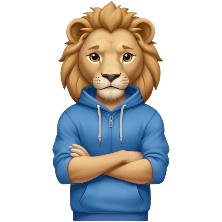 determined anthropomorphised lion in a hoodie and jeans with arms folded, confident stance emoji