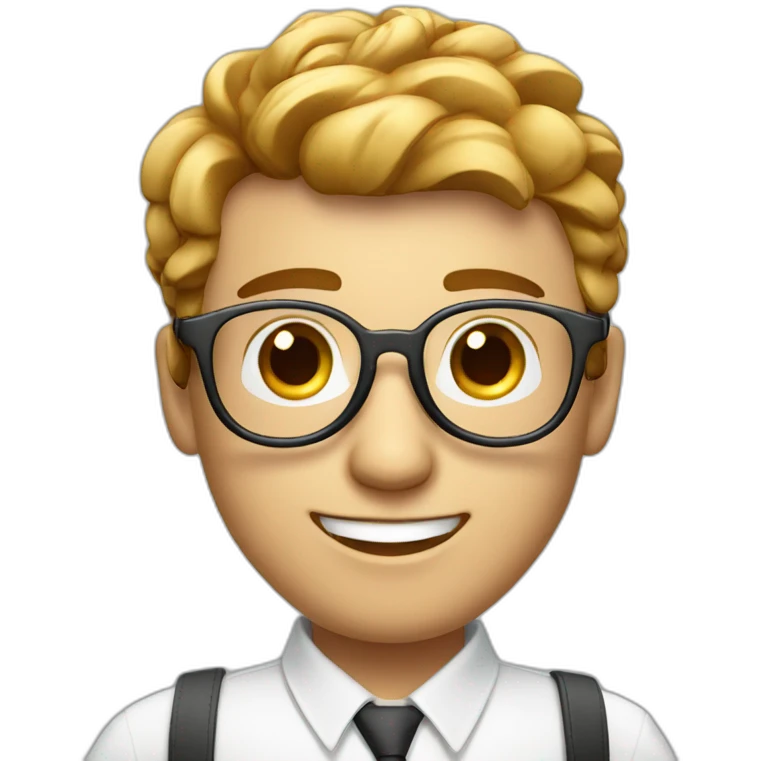 male virtual assistant with a smiling  holding a digital tablet or stylus wearing eye glasses and white shirt emoji