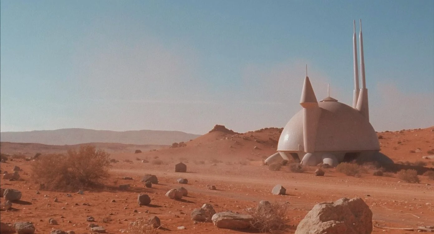 Cinematic still from 1990s Retro Space movie, film called Retro Futurism, Establishing scane showing desert with single small abandon futuristic bulding, big landscape in background showing loneliness emoji
