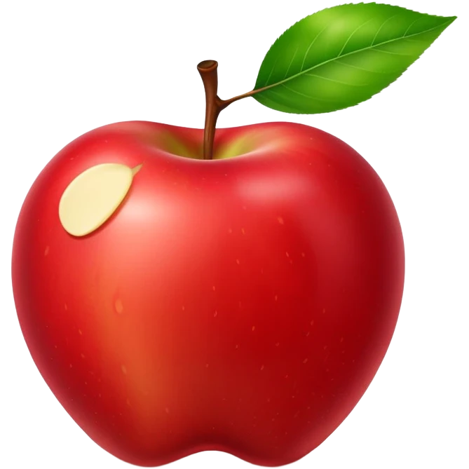 The image shows a bright red, glossy, and plump apple that looks fresh and delicious. A large bite has been taken out of the right side, revealing the juicy. At the top of the apple, the stem is still attached along with a fresh green leaf, adding a natural and lively touch. The pure white background makes the vibrant red color and the round shape of the apple stand out even more. emoji