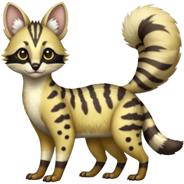 Cute elegant dotted spotted clouded hyper-realistic lifelike furry Civet-Genet-Possum-Serval-Caracal-Sergal-Trico-Numbat-Furret-fusion-Fakemon-hybrid-creature (full body) with long tufted ears and a striped tufted tail  emoji