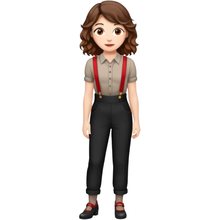 Woman with wavy brown hair and hazel eyes wearing black dress pants with red suspenders emoji