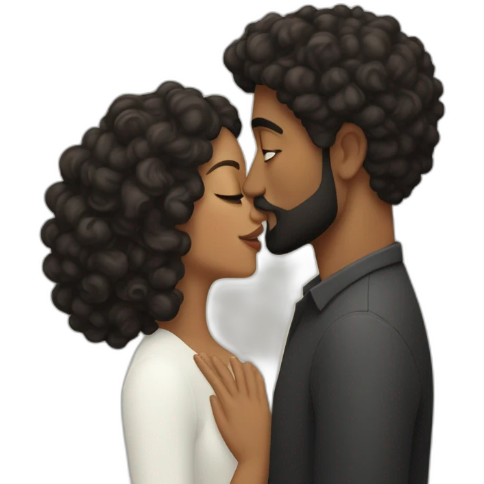 Brown man with a smooth black hair cut fade and a black beard kissing a White woman with long brown curly hair emoji