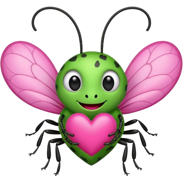 smiling cartoon bug holding a pink heart emoji