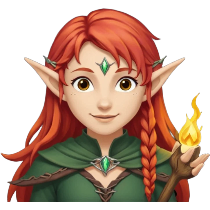 Bruxa meio elfa, ruivo forte (acobreado puxado pro castanho escuro) olhos escuros, e sorrindo 🧝🏻‍♀️ nesaa pegada desse emoji ai, e branca não muito branca tbm emoji