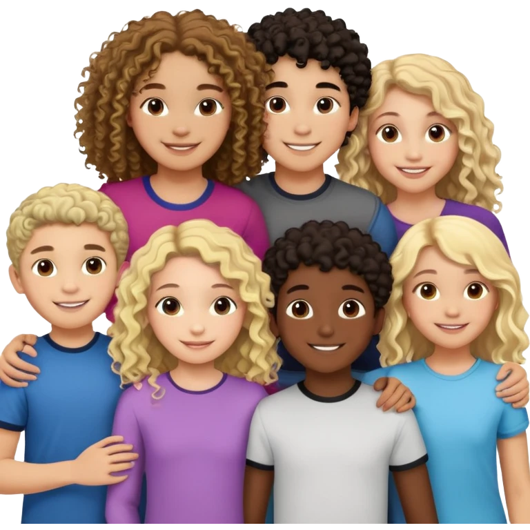 Group of diverse friends standing together, including a dark-skinned boy, a light-skinned blonde boy, a light-skinned girl with dark hair, a mixed-race girl with brown hair, a light-skinned person with curly hair, a mixed-race person with dark curly hair, and in the center a mixed-race person with wavy hair emoji