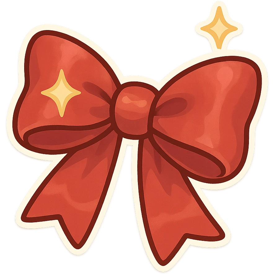 chibi style bow, red satin, shiny, simple and elegant, tied neatly, star motif emoji
