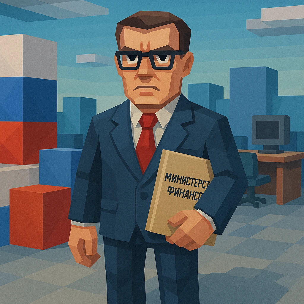 A Russian Ministry of Finance employee in professional attire, serious demeanor, surrounded by geometric shapes, in a modern office setting, with Russian flag colors, low poly 3D style. emoji