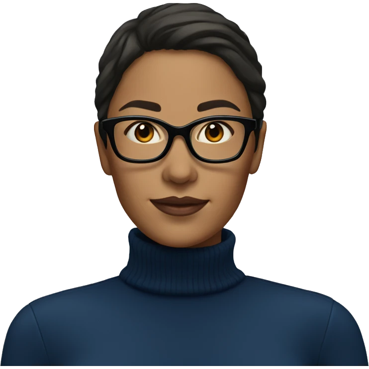 Woman with dark brown hair and glasses wearing a dark blue turtleneck  emoji