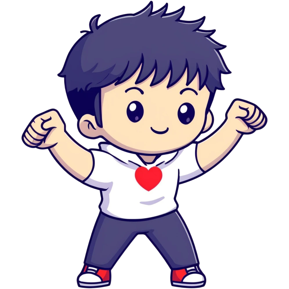 Black-haired male idol with arms forming heart shape above head, arms curved in heart outline, K-pop style emoji