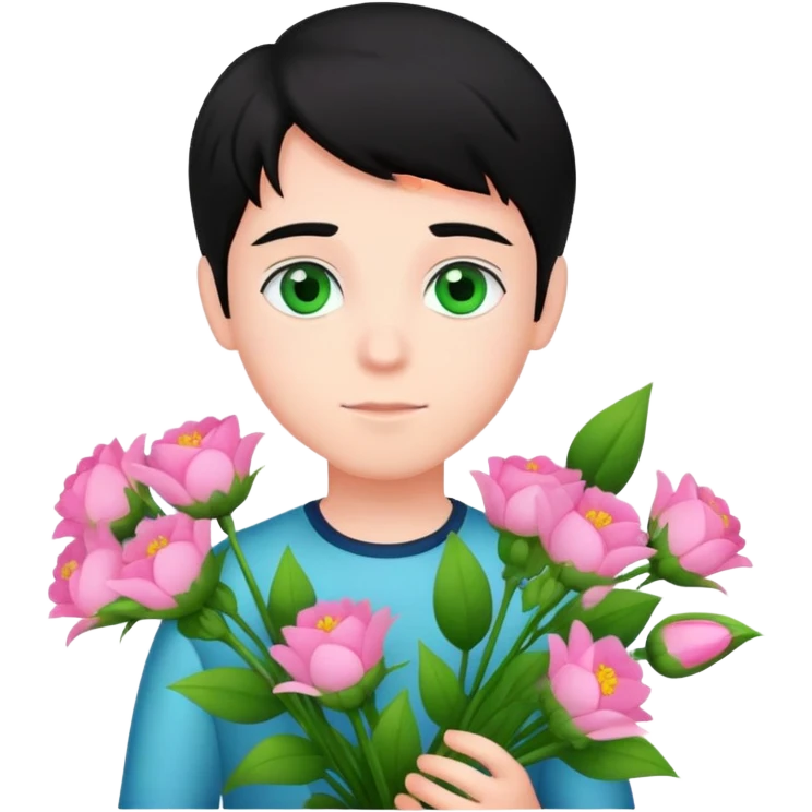 Boy with fair skin and black hair and green eyes with bouquet of pink flowers emoji