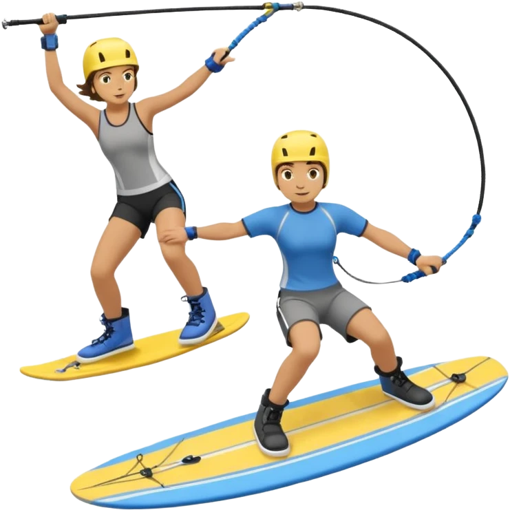 A person wakeboarding with one leg forward, the other bent for balance, leaning slightly back while holding a tow rope. Wearing a blue top, black shorts, gray boots, on a yellow board with small water splashes below. emoji