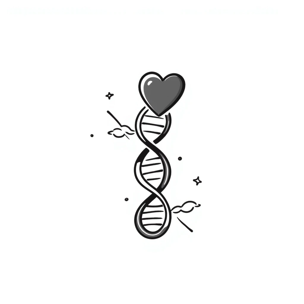 Hand-drawn DNA strand with heart element, representing sexual health testing and care emoji