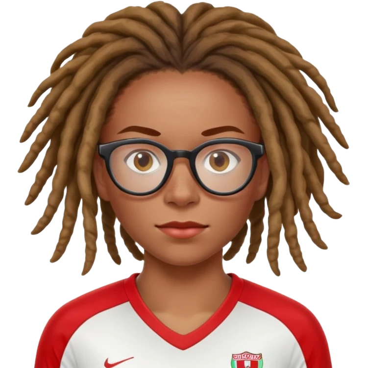 Rihanna freckles on nose and soccer woman dreadlocks Caribbean wearing a red and white jersey and cateye eyeglasses emoji