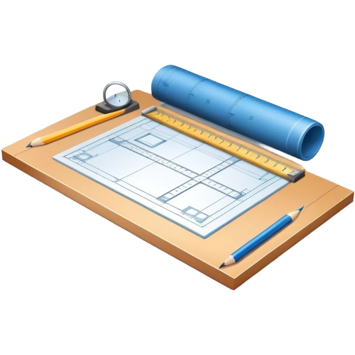Sleek icon for Architecture: engineer's drawing board with blueprints 3D model of building,  pencil, architect's rulers and protractor. Transparent background. emoji