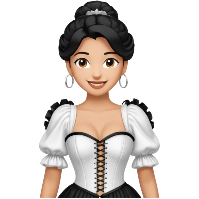 generate a pretty bratz emoji that looks like Kareena Kapoor's Geet character. 
Make her wear a puff sleeve off shoulder white top with a black corset over it. silver hoops, black hair open with middle part. smiling big

She should look like Kareena Kapoor emoji
