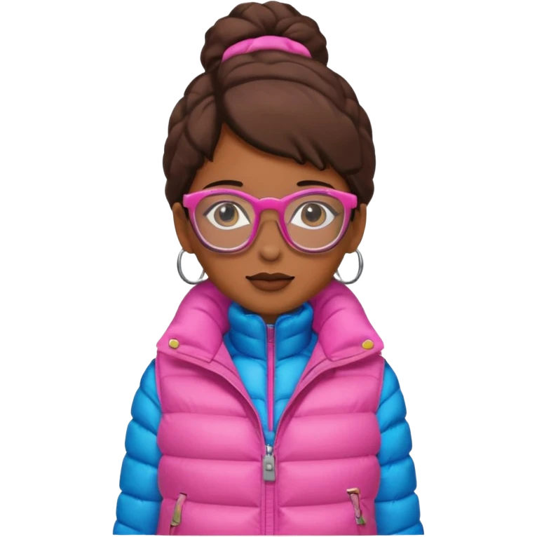 brown skin woman with glasses pink puffer vest emoji