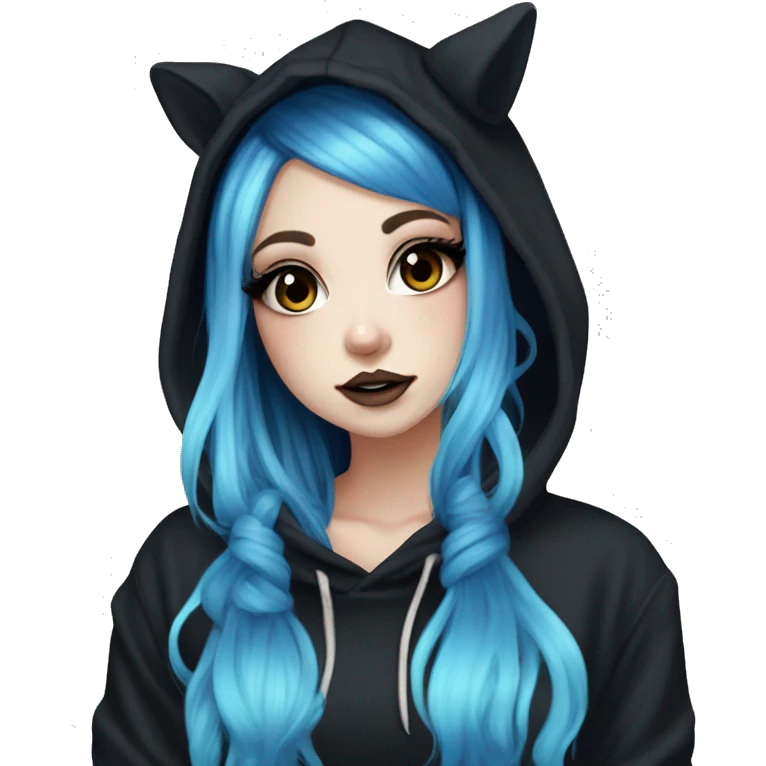 hime gyaru girl, tattoos, pale skin with black and electric blue hair, dark makeup, black hoodie emoji