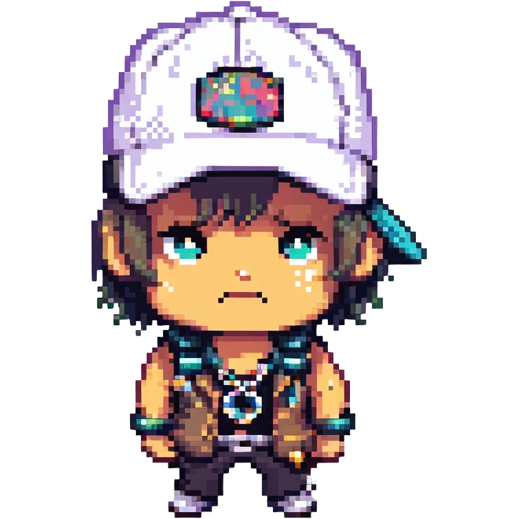 gangsta character, pixel art style, sideways cap, bling, tough expression emoji