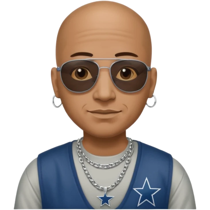 bald mexican cholo with square black sunglasses no facial hair with cheek dimples wearing a silver necklace with H on it and wearing cowboys jersey emoji