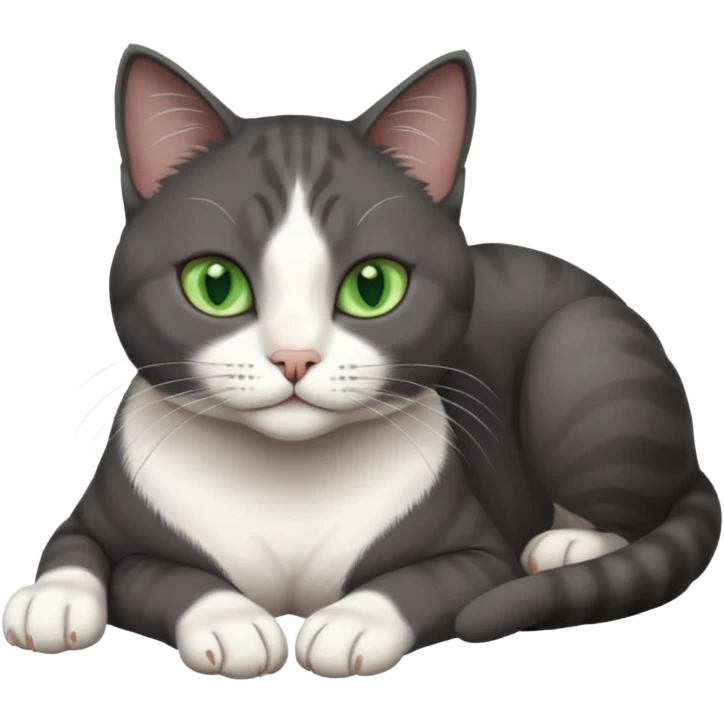 beautiful female solid dark grey cat with green eyes, white toes/paws and white patch on her chest lying down emoji