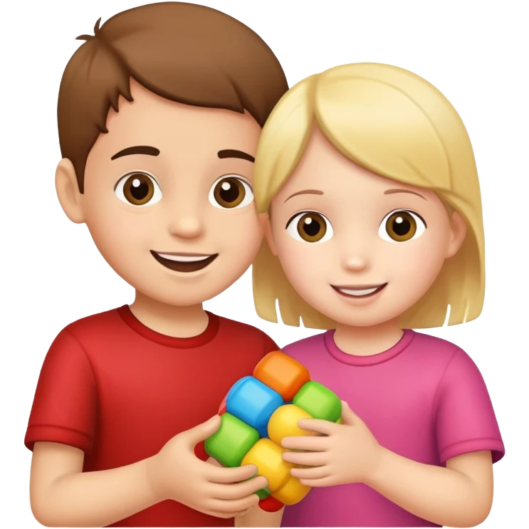 child sharing a toy with another child, cheerful and friendly emoji