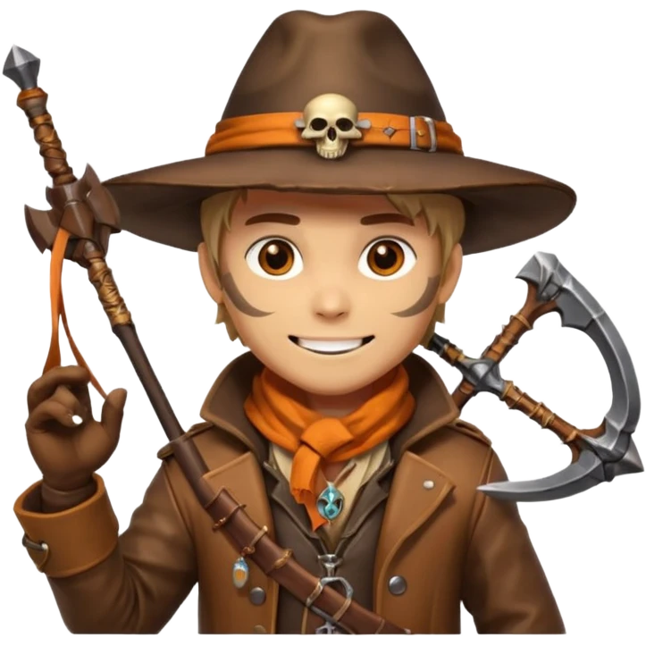 male human monster hunter emoji, wearing brown leather coat and wide hat, holding crossbow or rifle, with amulet shaped like skull, Halloween fantasy theme, confident smile, orange scarf, Apple emoji style, clean white background, square image emoji