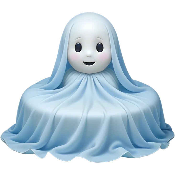 An adorable, peacefully floating sheet-like ghost in gentle pastel whites and blues, its soft, rounded form loosely draped, head resting with closed, serene sparkling eyes and a tiny, contented smile, simplified yet irresistibly charming, highly detailed, with a soft glowing outline that captures the essence of a sleepy, endearing spirit wrapped in cozy slumber! emoji