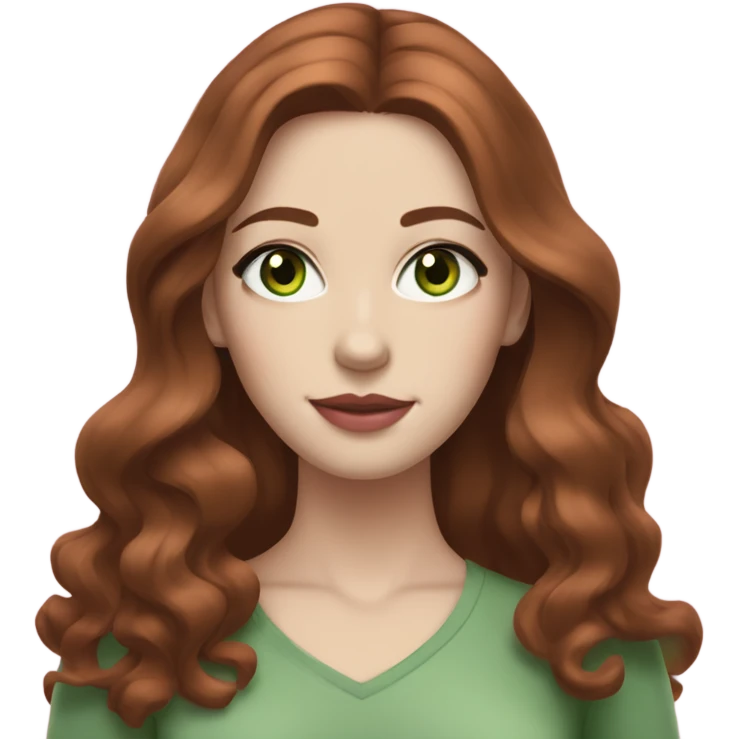 woman with pale skin and green eyes and long wavy brown-auburn hair with a middle part and soft pink lips emoji