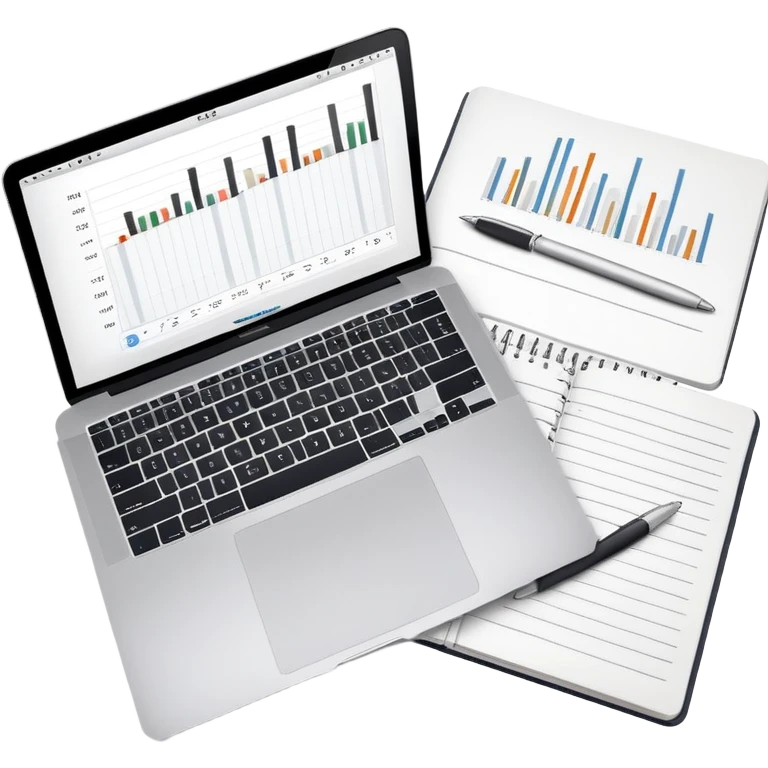 top view of a MacBook, open notebook with visible handwritten bar charts, and pen beside them emoji