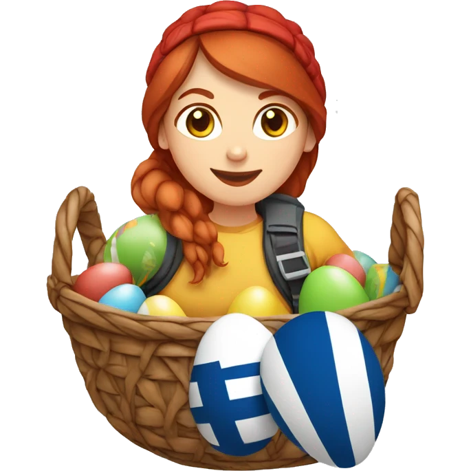 Greek Female winter mountaineer red hair white skin climbing with Greek Flag and Easter eggs basket emoji